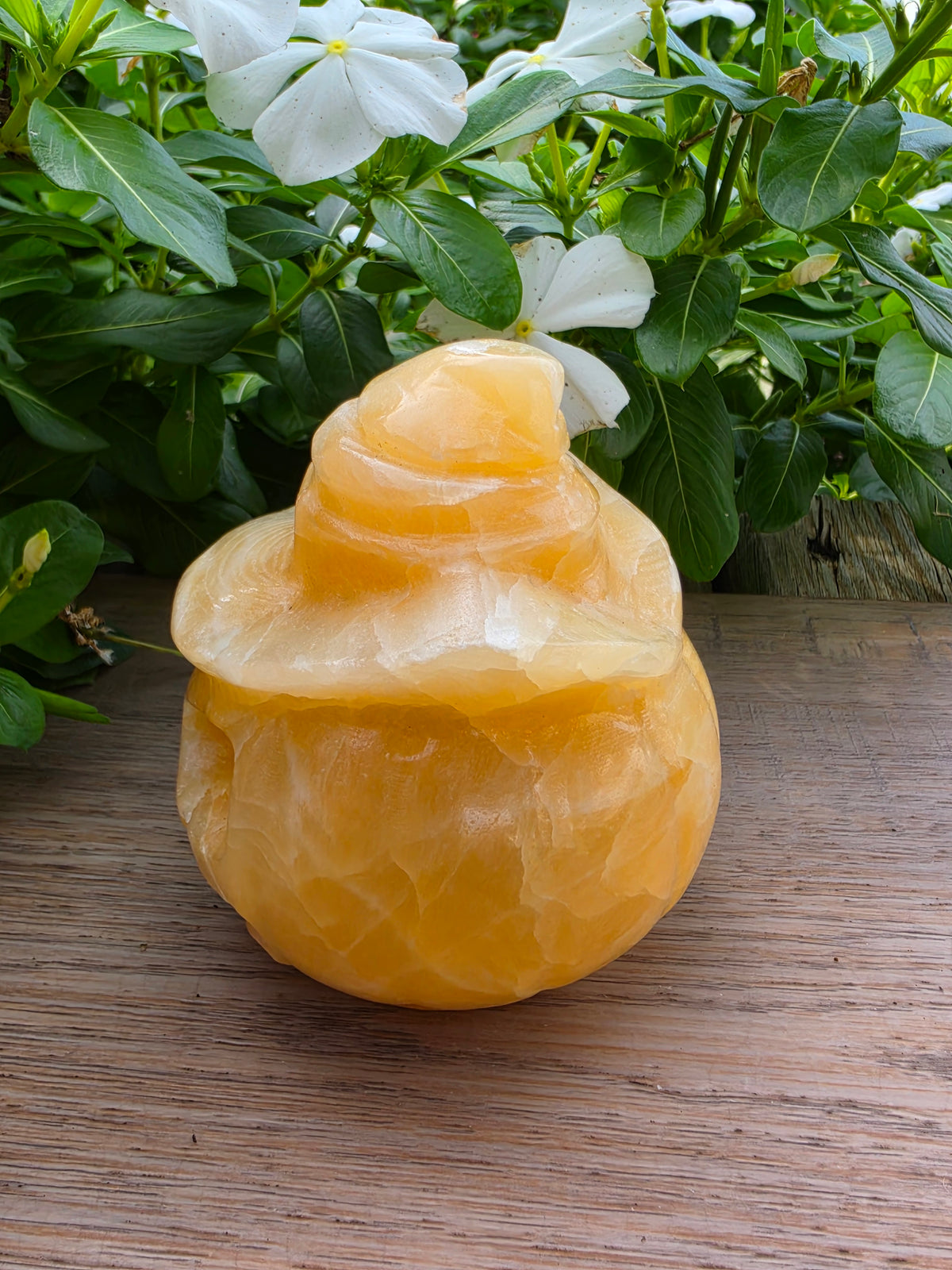 Yellow Orange Calcite Crystal Pumpkin Head with Witch Hat
