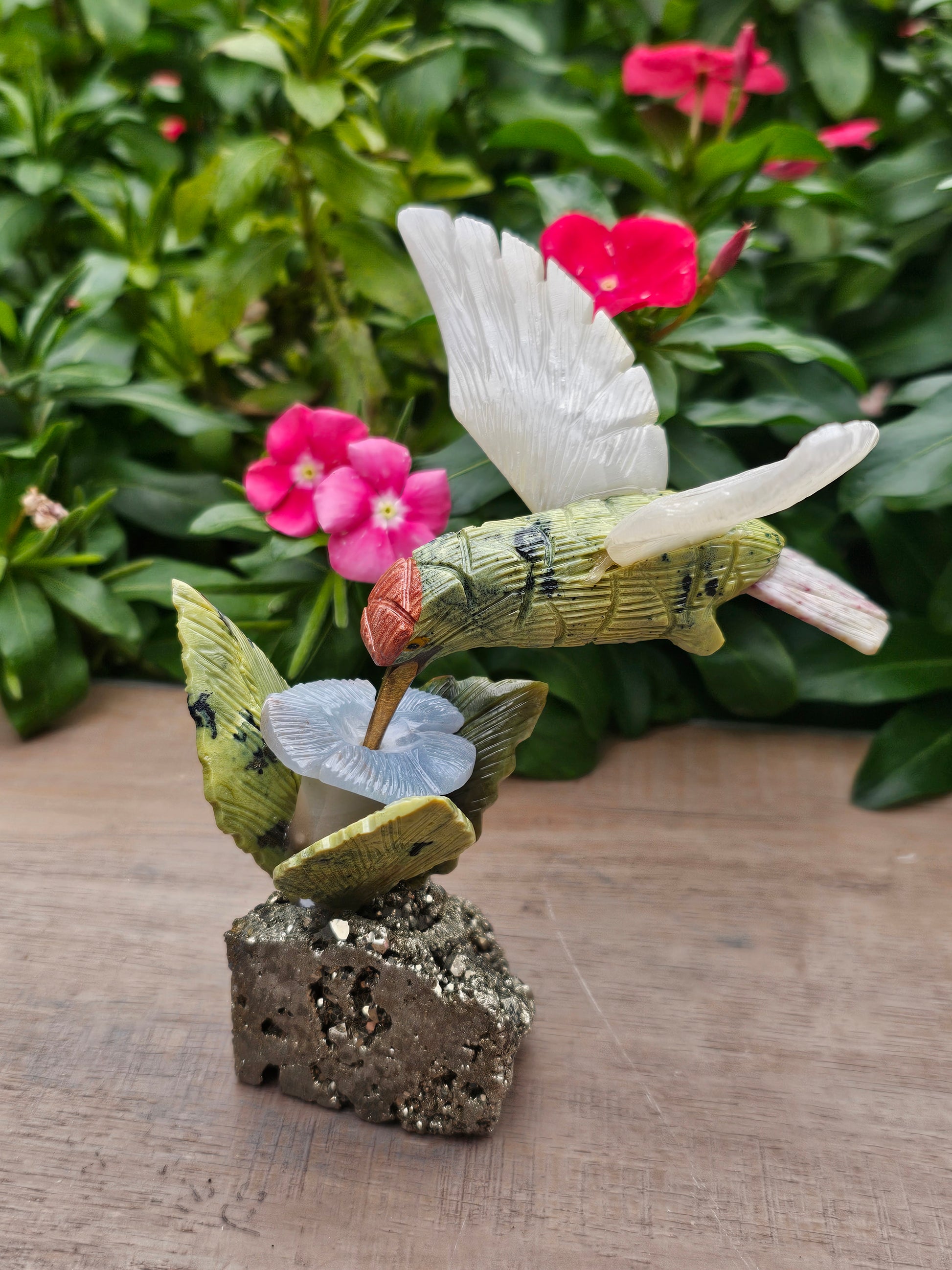 Serpentine Hummingbird on Pyrite Flower - Hand Carved Crystal Sculpture