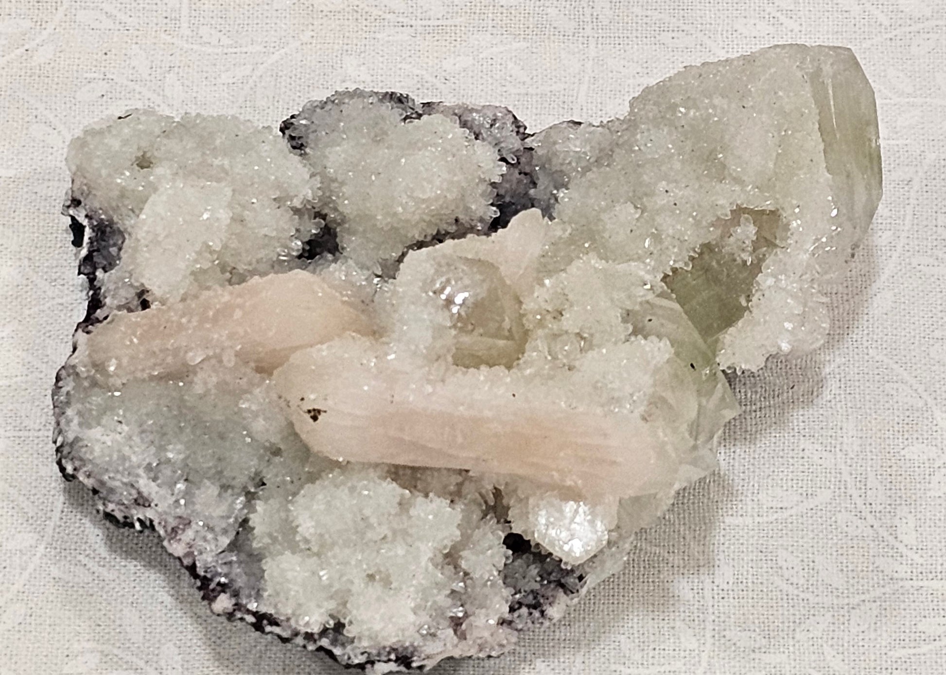 Apophyllite with Stillbite and Clear Quartz Raw Crystal Cluster
